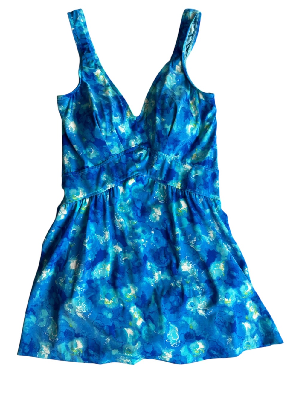 Vintage Rose Marie Reid Blue Floral Swim Dress One Piece Swimsuit Size 14